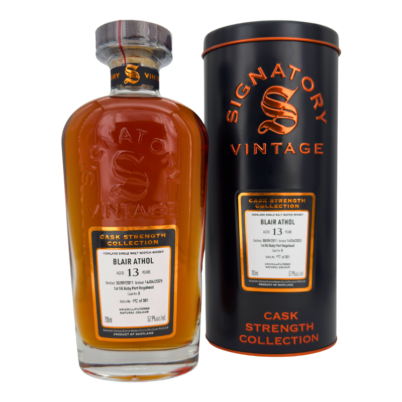 Blair Athol 13 Jahre - 2011/2025 - Signatory Vintage - Cask Strength - Cask #8 - Ruby Port Hogshead - Highland Single Malt Scotch Whisky (57,90 % vol., 0,70 L, 128,43 €/Liter)
